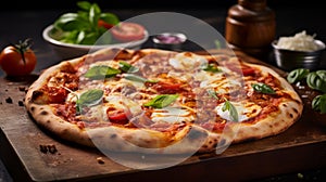 8k Resolution Pizza With Mozzarella, Tomatoes, And Basil On A Wooden Board