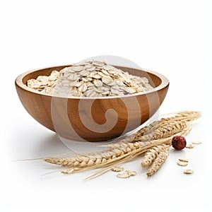 8k Resolution Wooden Bowl Filled With Oats On White Background