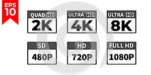 8k Ultra Hd icon, 4k Ultra Hd, 2k quad Hd, Logo 480p SD, 720p HD, 1080p, Resolution icon. Flat design. Vector illustration.