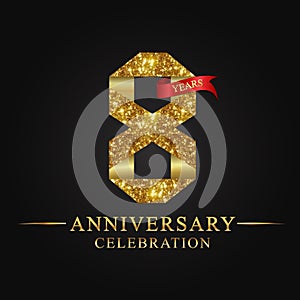 8th anniversary years celebration logotype. Logo ribbon gold number and red ribbon on black background.