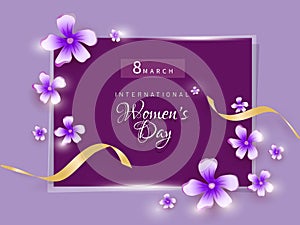 8th March, Happy Women\'s Day Card or Poster Design Decorated with Beautiful White and Purple