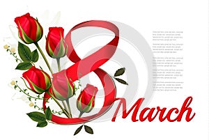 8th March illustration with red roses. International Women's Day