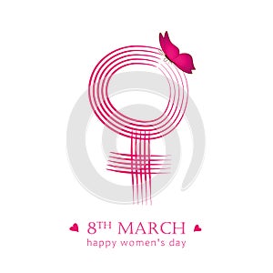 8th march international womans day pink female symbol with butterfly