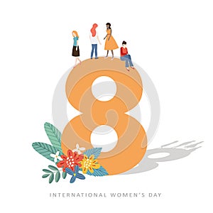 8th March, International Women s Day greeting card template, invitation. Icon of number eight with women and decorative