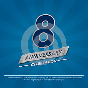 8th years anniversary celebration emblem. anniversary elegance silver logo isolated with ribbon on blue background, vector