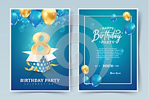 8th years birthday vector invitation double card. Eight years anniversary celebration brochure. Template of invitational