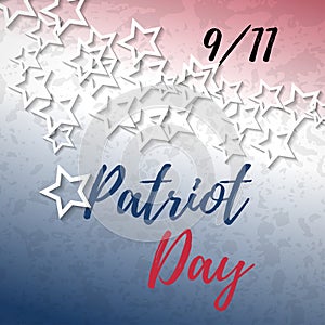 9 11 Patriot Day banner with typography lettering and abstract american flag background. Poster template for Patriot Day