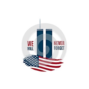 9/11 Patriot Day card with Twin Towers on american flag and phrase We will never forget.