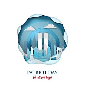 9/11 Patriot Day paper art card with Twin Towers in New York skyline. World Trade Center.
