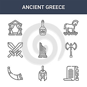 9 ancient greece icons pack. trendy ancient greece icons on white background. thin outline line icons such as papyrus, axe, olive