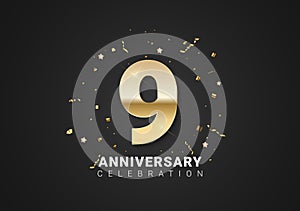 9 anniversary background with golden numbers, confetti, stars on bright black holiday background. Vector Illustration