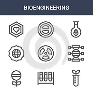 9 bioengineering icons pack. trendy bioengineering icons on white background. thin outline line icons such as test tube, dna, cell