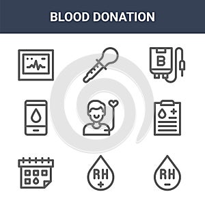 9 blood donation icons pack. trendy blood donation icons on white background. thin outline line icons such as platelet, medical