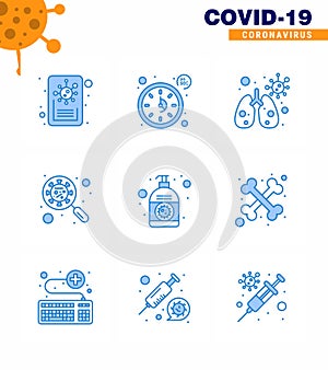 9 Blue Coronavirus Covid19 Icon pack such as cream, virus, infedted, magnifying, glass