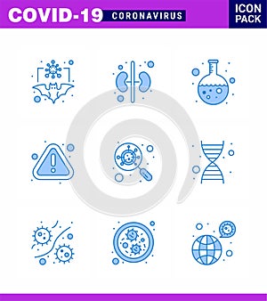 9 Blue coronavirus epidemic icon pack suck as glass, virus, test, warning, error