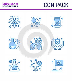 9 Blue Set of corona virus epidemic icons. such as research, flask, platelets, bottle, health