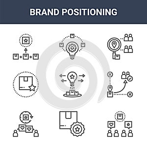 9 brand positioning icons pack. trendy brand positioning icons on white background. thin outline line icons such as communication