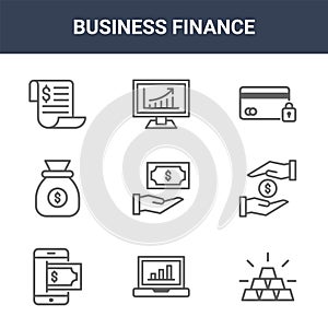 9 business finance icons pack. trendy business finance icons on white background. thin outline line icons such as gold, charity,