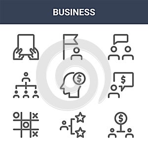 9 business icons pack. trendy business icons on white background. thin outline line icons such as rating, chat, flag . business
