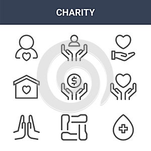 9 charity icons pack. trendy charity icons on white background. thin outline line icons such as blood donation, compassion,