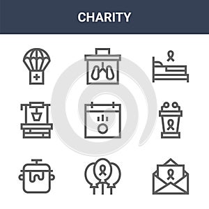9 charity icons pack. trendy charity icons on white background. thin outline line icons such as letter, tribune, organ donation .