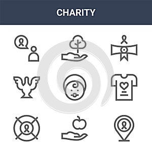 9 charity icons pack. trendy charity icons on white background. thin outline line icons such as ribbon, tshirt, tree . charity