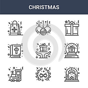 9 christmas icons pack. trendy christmas icons on white background. thin outline line icons such as fire place, christmas ball,