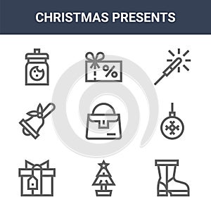 9 christmas presents icons pack. trendy christmas presents icons on white background. thin outline line icons such as boot, ball,