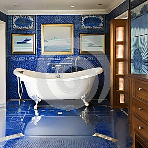 9 A coastal-inspired bathroom with blue and white tiles, a clawfoot tub, and nautical decor1, Generative AI