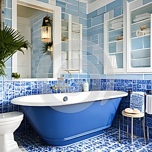 9 A coastal-inspired bathroom with blue and white tiles, a clawfoot tub, and nautical decor2, Generative AI