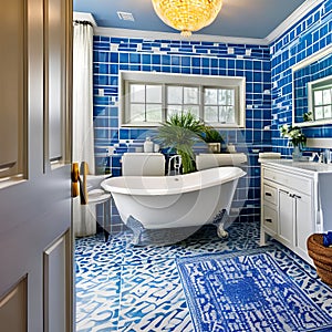 9 A coastal-inspired bathroom with blue and white tiles, a clawfoot tub, and nautical decor3, Generative AI