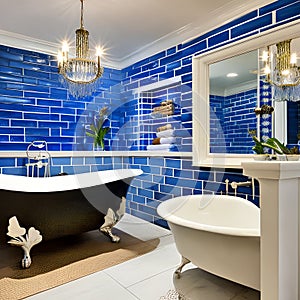 9 A coastal-inspired bathroom with blue and white tiles, a clawfoot tub, and nautical decor5, Generative AI