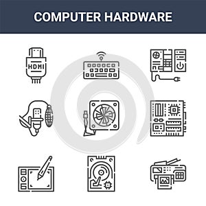 9 computer hardware icons pack. trendy computer hardware icons on white background. thin outline line icons such as printer,