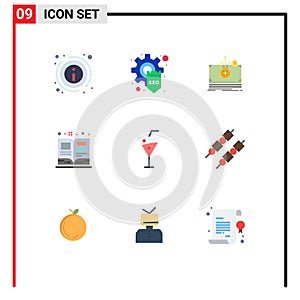 9 Creative Icons Modern Signs and Symbols of beach drinks, textbook, money, schoolbook, art