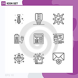 9 Creative Icons Modern Signs and Symbols of document, plug, marketing automation, power, acumulator