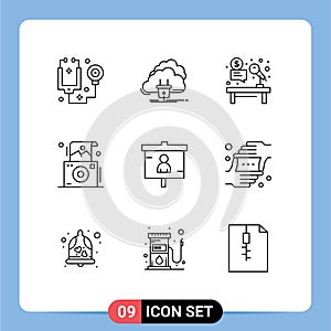 9 Creative Icons Modern Signs and Symbols of polaroid, photo, power, camera, hammer