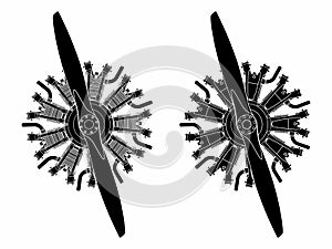 9 cylinder radial engine colored. Black fill only.