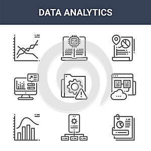 9 data analytics icons pack. trendy data analytics icons on white background. thin outline line icons such as file, web hosting,