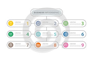 9 data infographics tab index template with thin line design. Vector illustration abstract background. Can be used for workflow