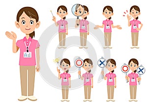 9 different poses and facial expressions of female staff wearing short-sleeved polo shirts and name tags 2