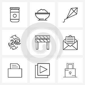 9 Editable Vector Line Icons and Modern Symbols of round the clock, delivery, entertainment, h, wind