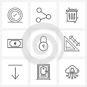 9 Editable Vector Line Icons and Modern Symbols of secure, locked, trash, wealth, money