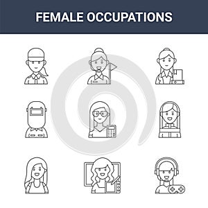 9 female occupations icons pack. trendy female occupations icons on white background. thin outline line icons such as gamer,