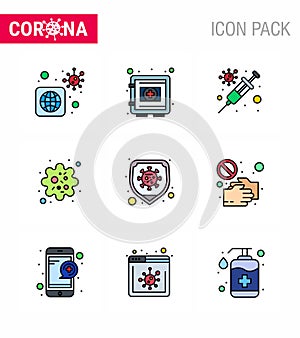 9 Filled Line Flat Color Coronavirus disease and prevention vector icon disease, patogen, securitybox, particle, virus