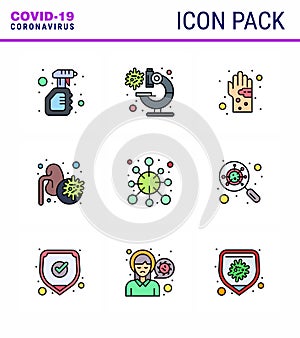 9 Filled Line Flat Color Coronavirus disease and prevention vector icon lungs, disease, virus, virus, hand