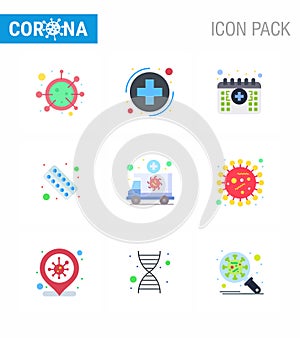 9 Flat Color Corona Virus pandemic vector illustrations medicine, form, sign, fitness, time