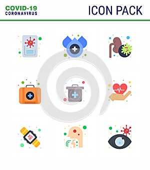 9 Flat Color Coronavirus disease and prevention vector icon seconds, love, lungs, heart, medical