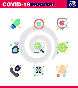 9 Flat Color Set of corona virus epidemic icons. such as bacteria, bottle, disease, spray, cleaning