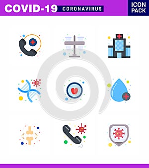 9 Flat Color viral Virus corona icon pack such as apple, strand, building, genomic, dna