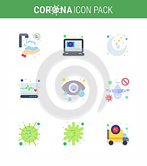 9 Flat Color viral Virus corona icon pack such as eye, medical monitor, moon, supervision, emergency